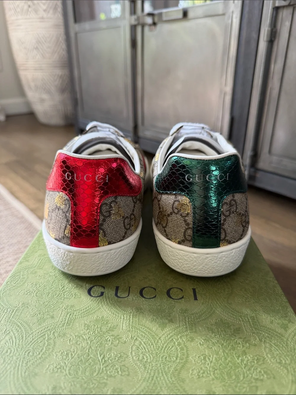Gucci Beige/Tan GG Supreme Bee Web Leather Sneakers with Green and Red Stripe